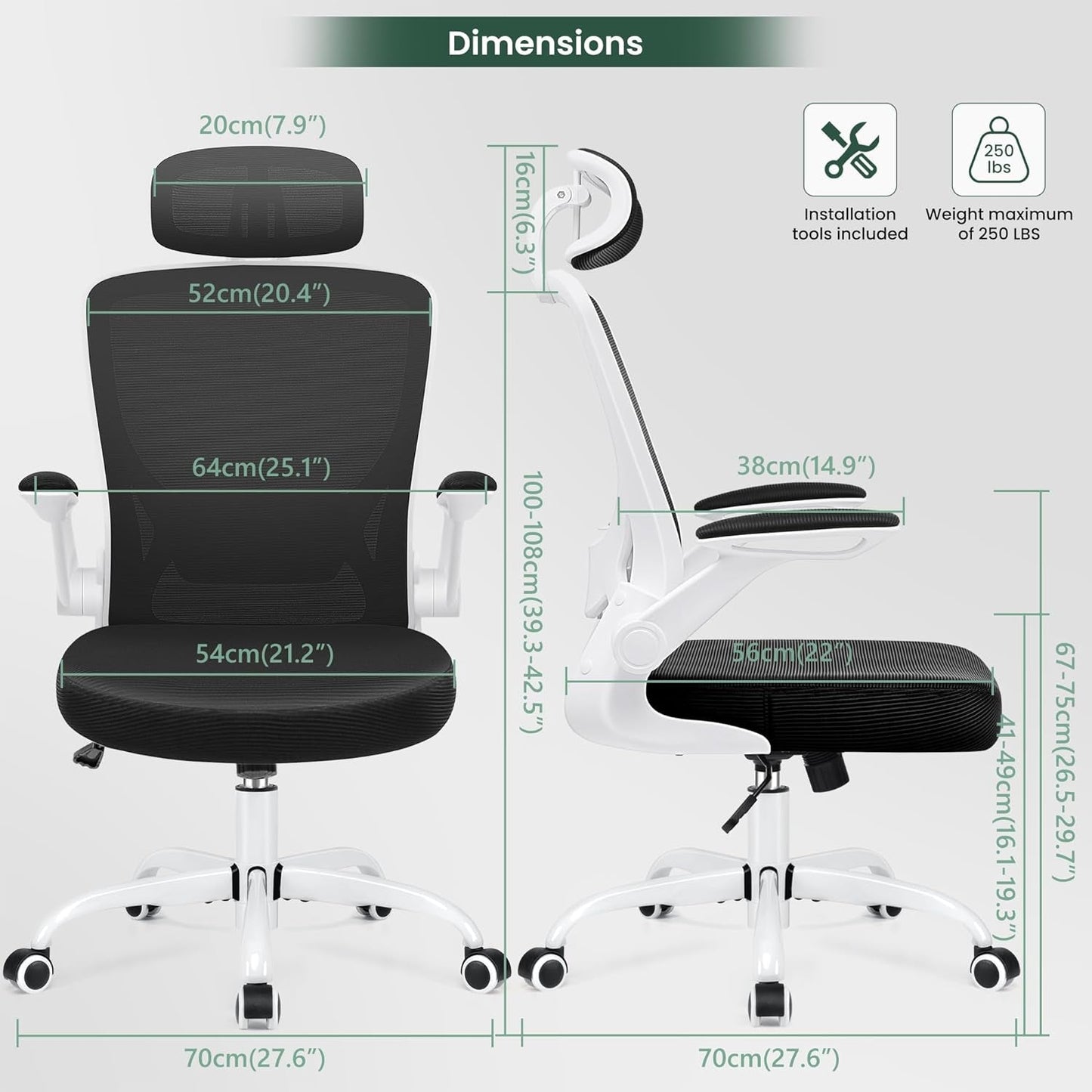 Ergonomic Office Chair, Breathable Mesh Desk Chair, Lumbar Support Computer Chair with Headrest and Flip - Up Arms, Swivel Task Chair, Adjustable Height Gaming Chair, White - Vibe Tribe