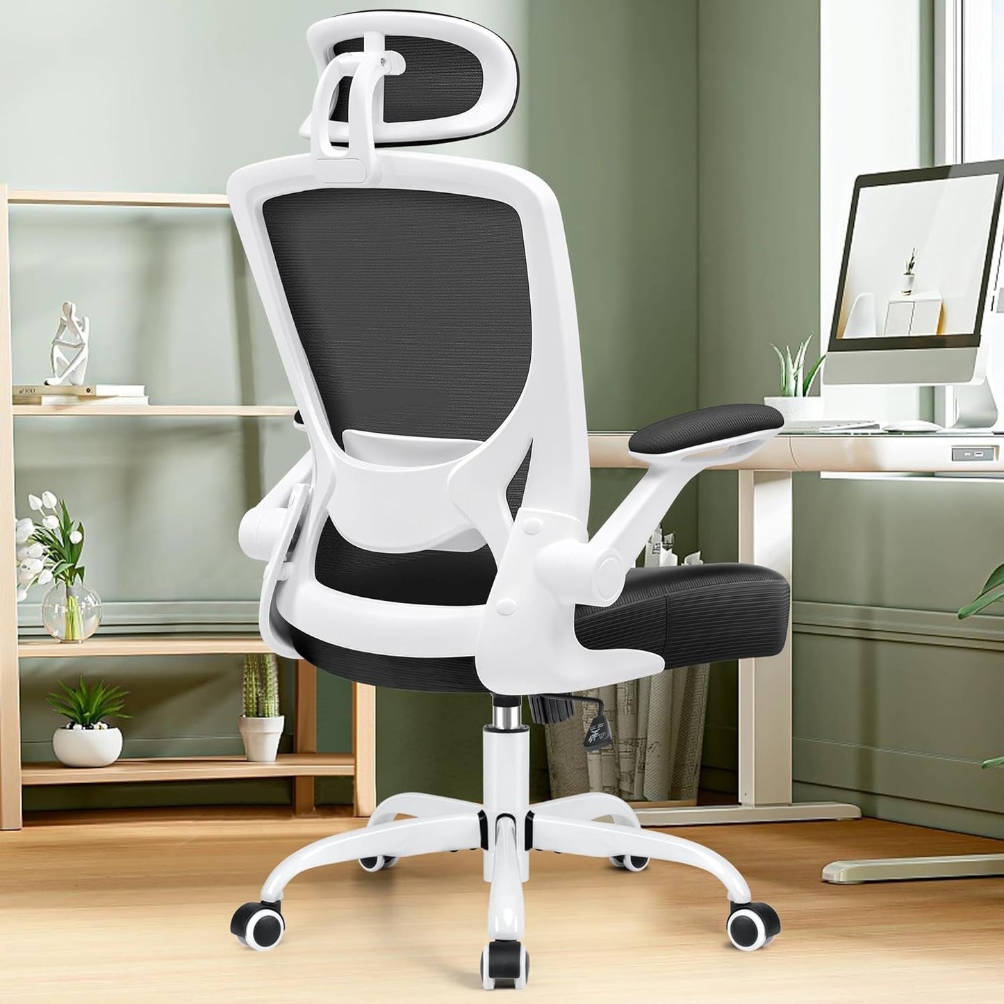 Ergonomic Office Chair, Breathable Mesh Desk Chair, Lumbar Support Computer Chair with Headrest and Flip - Up Arms, Swivel Task Chair, Adjustable Height Gaming Chair, White - Vibe Tribe