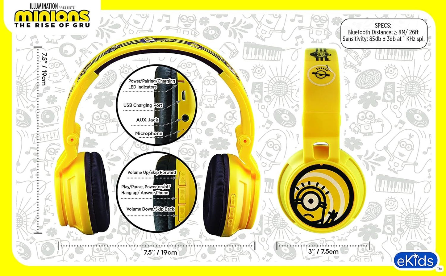 Minions Kids Bluetooth Wireless Headphones with Microphone, Includes Aux Cord, Volume Reduced, Foldable, Yellow, over Ear, Unisex, 3.5Mm Jack, 18H Playtime, 1 Year Warranty - Vibe Tribe