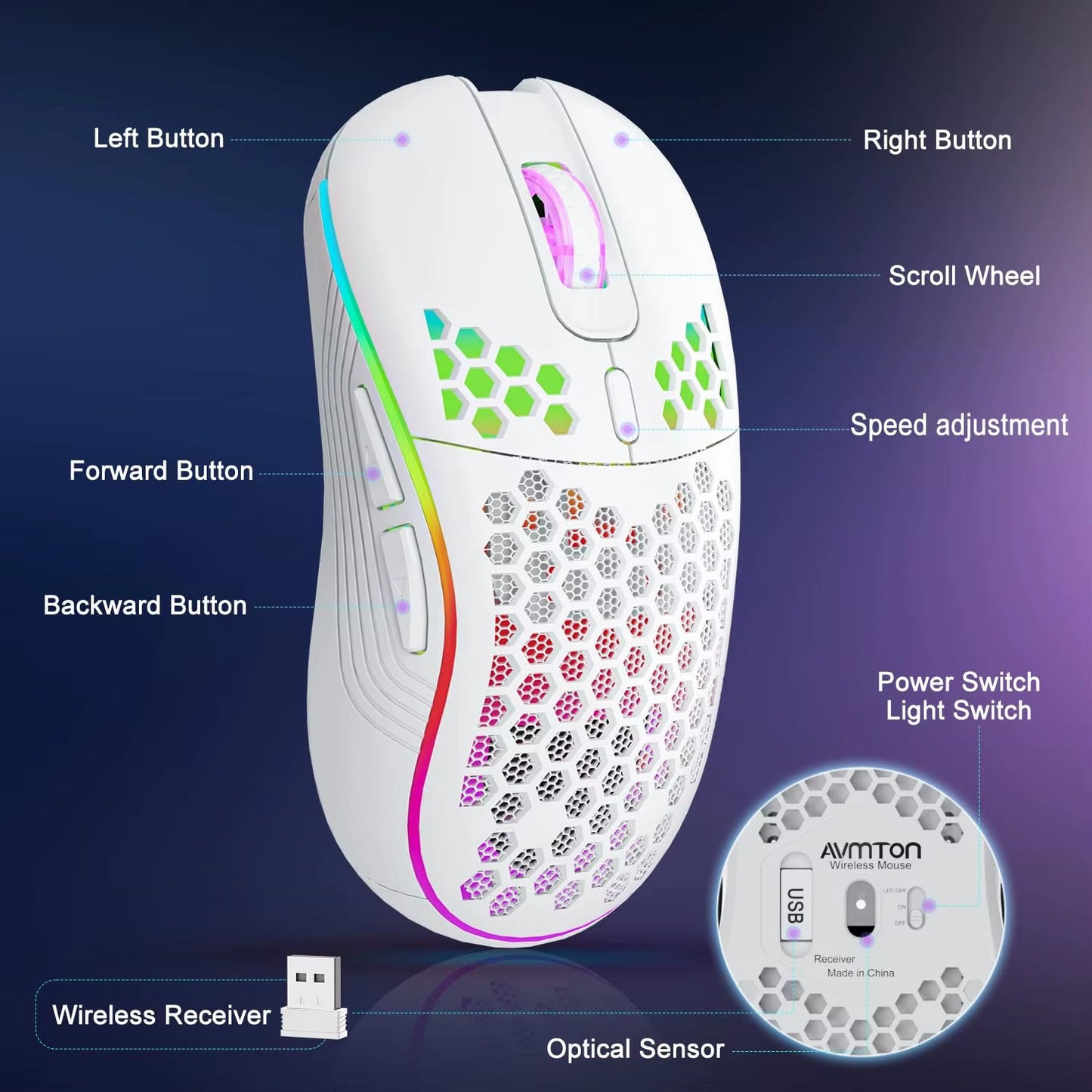 2.4G Wireless Mouse with RGB Backlit 6 - Button 3 - Speed DPI Type C Rechargeable Ergonomic Honeycomb Design Gaming Mouse - Vibe Tribe