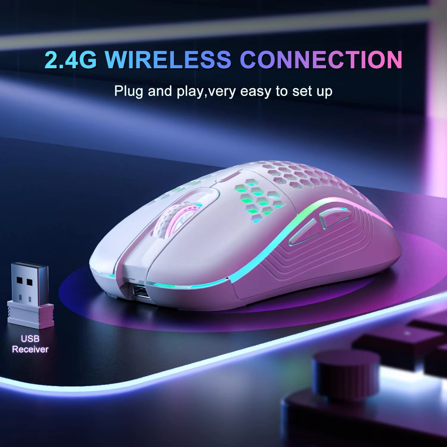 2.4G Wireless Mouse with RGB Backlit 6 - Button 3 - Speed DPI Type C Rechargeable Ergonomic Honeycomb Design Gaming Mouse - Vibe Tribe