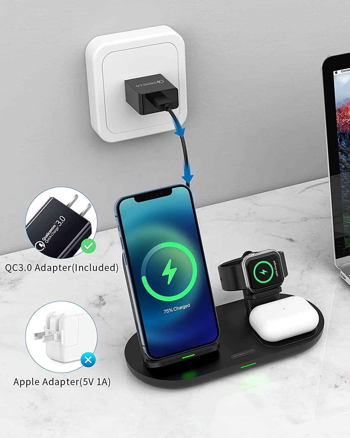 3 in 1 Wireless Charging Station for Apple Product, Wireless Charging Pad for Apple Watch, Airpods Pro/2, Wireless Charger Stand for Iphone 12/12 Pro/12 Pro Max/Se2(No Included Iwatch Cable) - Vibe Tribe