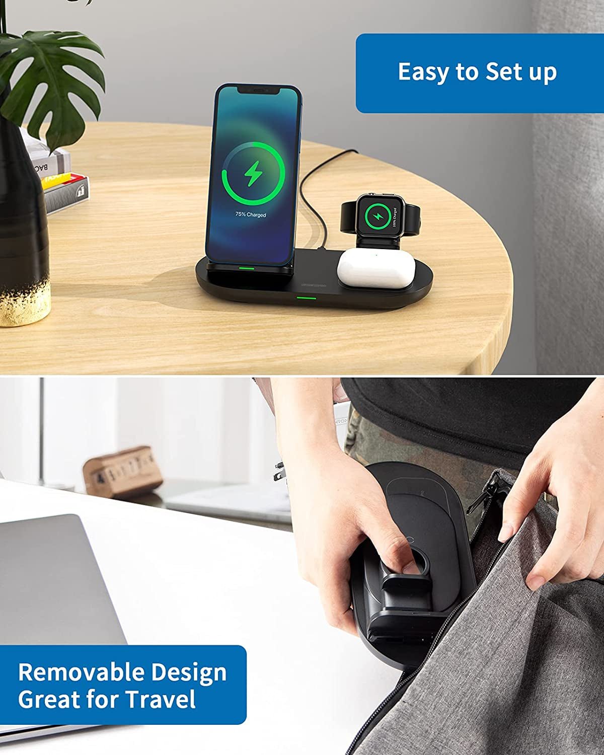 3 in 1 Wireless Charging Station for Apple Product, Wireless Charging Pad for Apple Watch, Airpods Pro/2, Wireless Charger Stand for Iphone 12/12 Pro/12 Pro Max/Se2(No Included Iwatch Cable) - Vibe Tribe