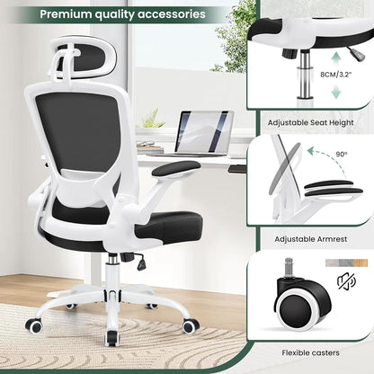 Ergonomic Office Chair, Breathable Mesh Desk Chair, Lumbar Support Computer Chair with Headrest and Flip - Up Arms, Swivel Task Chair, Adjustable Height Gaming Chair, White - Vibe Tribe