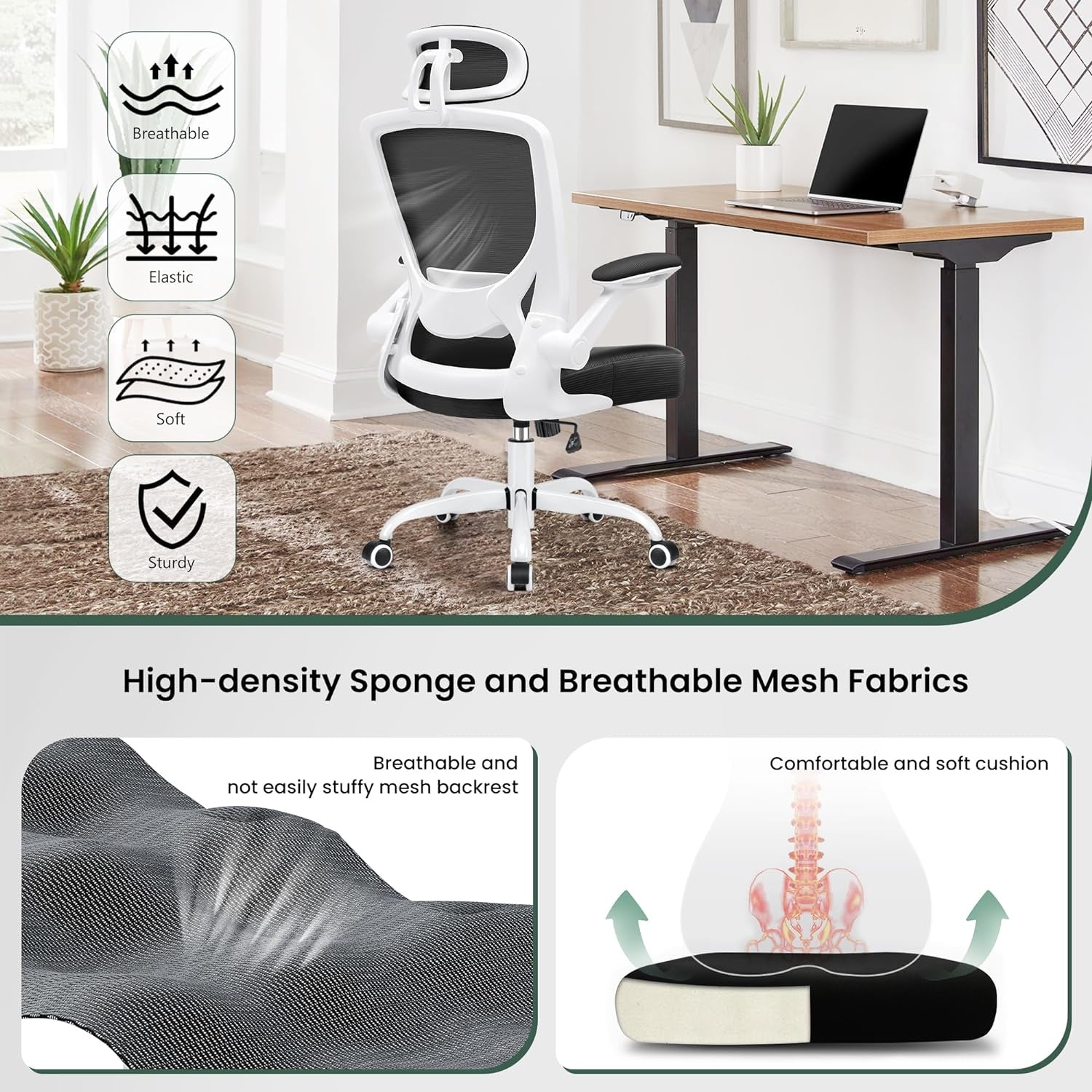 Ergonomic Office Chair, Breathable Mesh Desk Chair, Lumbar Support Computer Chair with Headrest and Flip - Up Arms, Swivel Task Chair, Adjustable Height Gaming Chair, White - Vibe Tribe