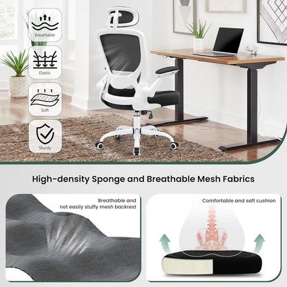 Ergonomic Office Chair, Breathable Mesh Desk Chair, Lumbar Support Computer Chair with Headrest and Flip - Up Arms, Swivel Task Chair, Adjustable Height Gaming Chair, White - Vibe Tribe