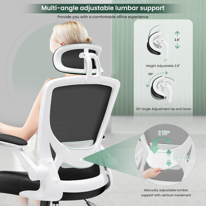 Ergonomic Office Chair, Breathable Mesh Desk Chair, Lumbar Support Computer Chair with Headrest and Flip - Up Arms, Swivel Task Chair, Adjustable Height Gaming Chair, White - Vibe Tribe