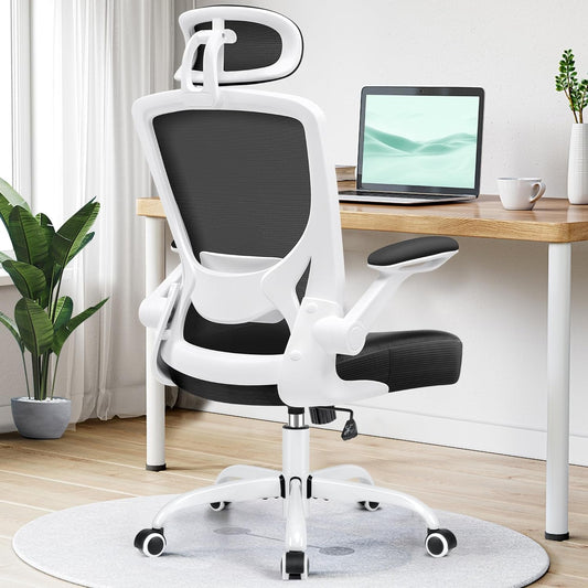 Ergonomic Office Chair, Breathable Mesh Desk Chair, Lumbar Support Computer Chair with Headrest and Flip - Up Arms, Swivel Task Chair, Adjustable Height Gaming Chair, White - Vibe Tribe