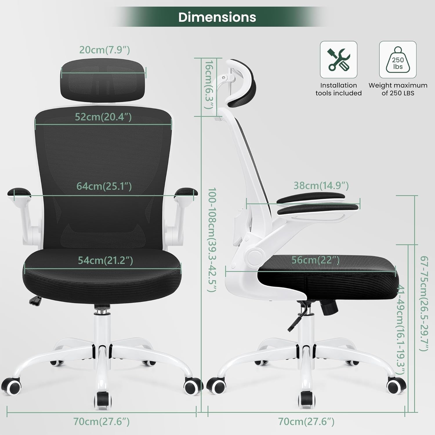 Ergonomic Office Chair, Breathable Mesh Desk Chair, Lumbar Support Computer Chair with Headrest and Flip - Up Arms, Swivel Task Chair, Adjustable Height Gaming Chair, White - Vibe Tribe