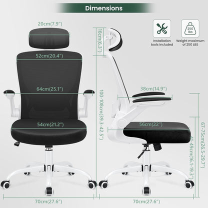 Ergonomic Office Chair, Breathable Mesh Desk Chair, Lumbar Support Computer Chair with Headrest and Flip - Up Arms, Swivel Task Chair, Adjustable Height Gaming Chair, White - Vibe Tribe