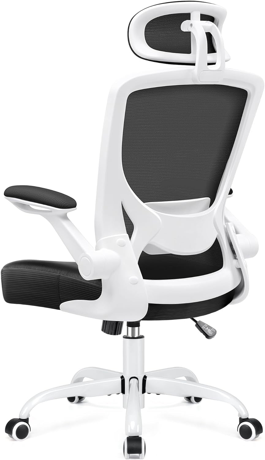 Ergonomic Office Chair, Breathable Mesh Desk Chair, Lumbar Support Computer Chair with Headrest and Flip - Up Arms, Swivel Task Chair, Adjustable Height Gaming Chair, White - Vibe Tribe