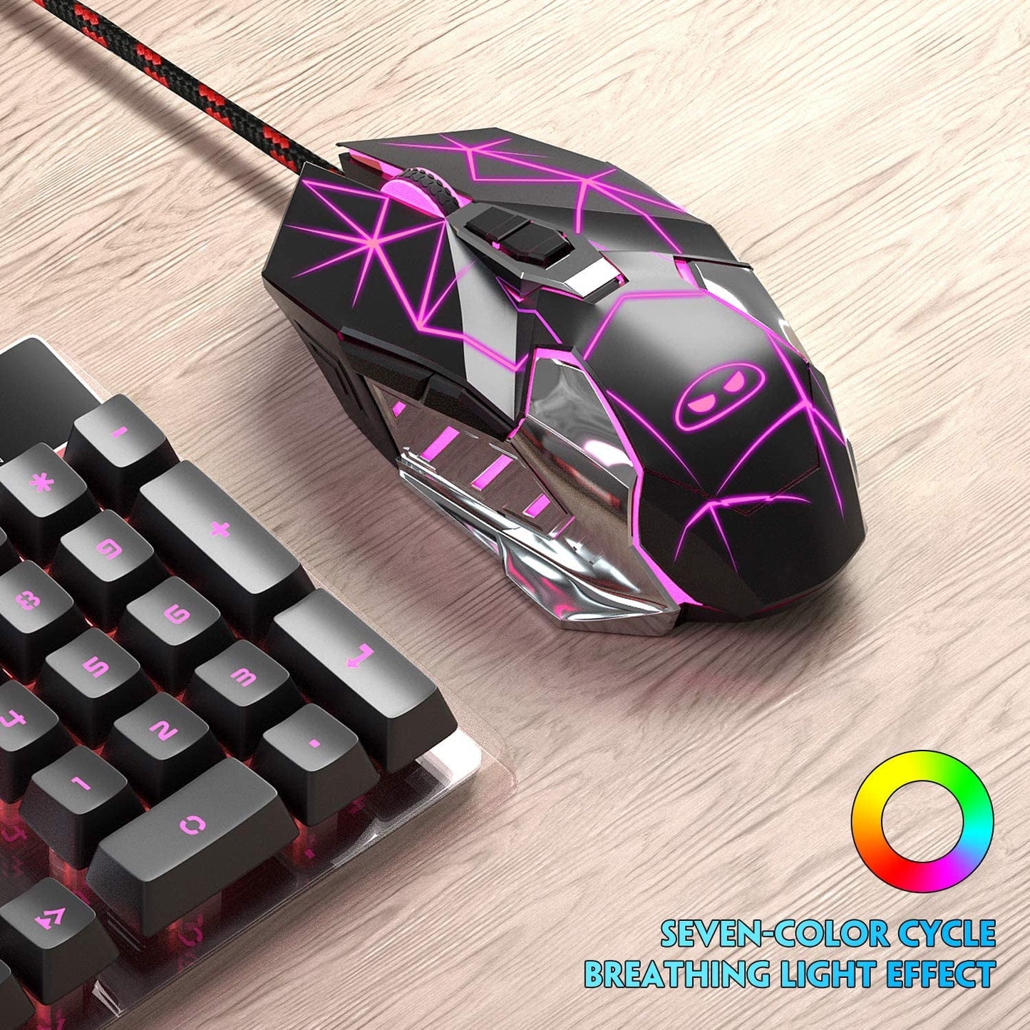 G10 Gaming Mouse Wired, 7 Colors Breathing LED Backlit Gaming Mouse, 6 Adjustable Speeds, Ergonomic Optical Computer Mouse with 7 Buttons for Windows PC Gamers - Vibe Tribe
