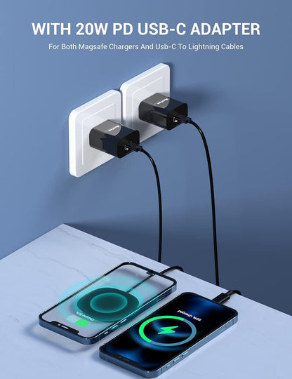 Iphone Magnetic Charger - Super Fast Mag Safe Charging Pad and 20W PD2.0 USB - C Wall Plug Compatible with Iphone 15 14 13 12 Pro Max Series, Airpods Series - Black - Vibe Tribe