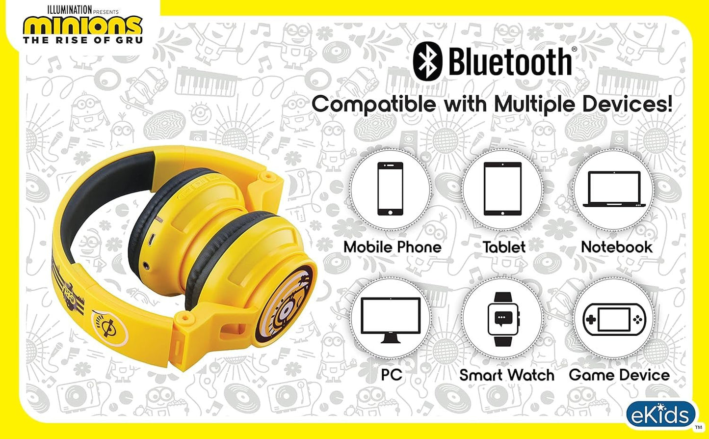 Minions Kids Bluetooth Wireless Headphones with Microphone, Includes Aux Cord, Volume Reduced, Foldable, Yellow, over Ear, Unisex, 3.5Mm Jack, 18H Playtime, 1 Year Warranty - Vibe Tribe