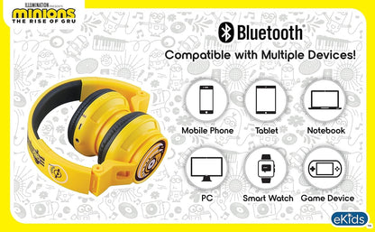 Minions Kids Bluetooth Wireless Headphones with Microphone, Includes Aux Cord, Volume Reduced, Foldable, Yellow, over Ear, Unisex, 3.5Mm Jack, 18H Playtime, 1 Year Warranty - Vibe Tribe