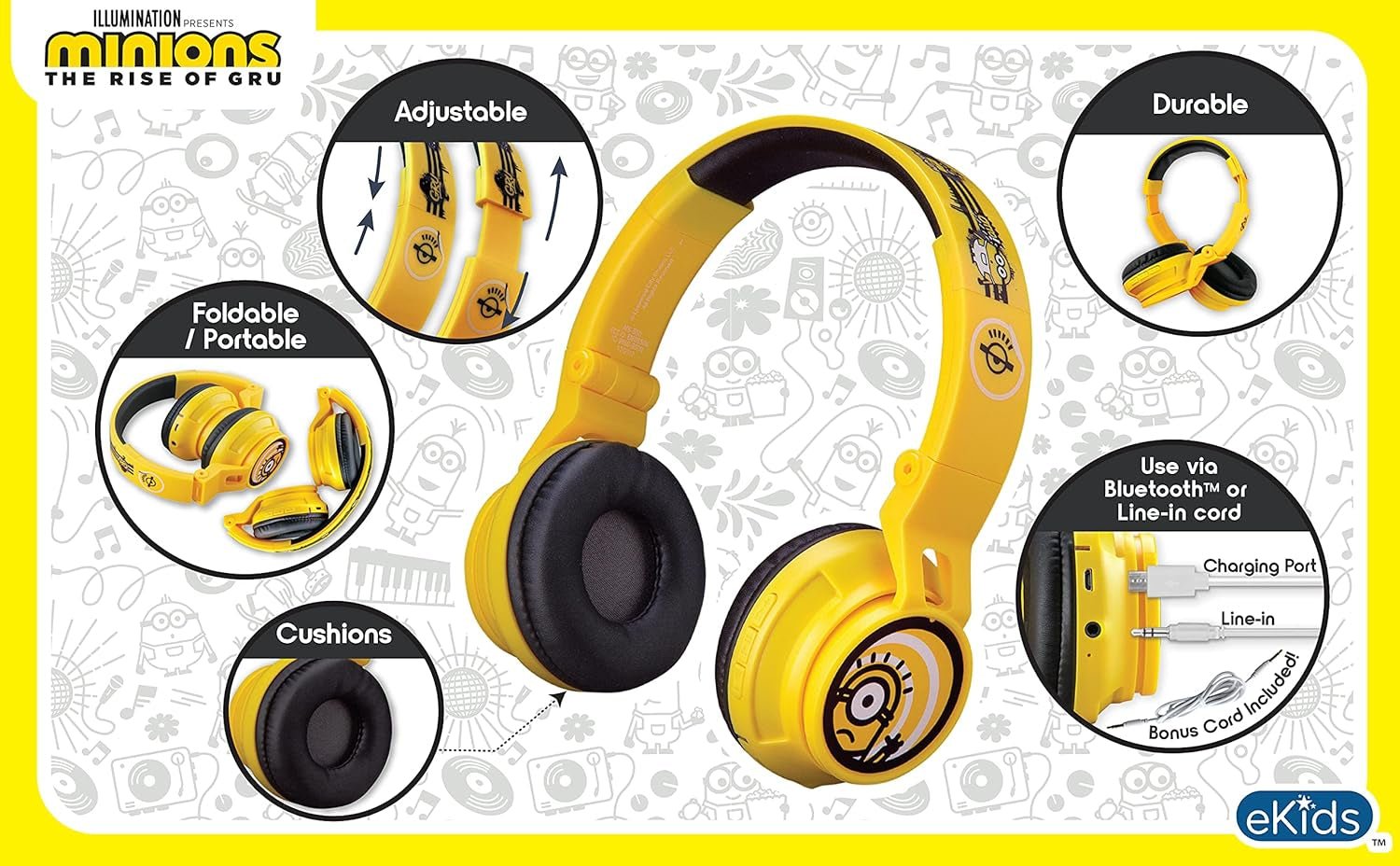 Minions Kids Bluetooth Wireless Headphones with Microphone, Includes Aux Cord, Volume Reduced, Foldable, Yellow, over Ear, Unisex, 3.5Mm Jack, 18H Playtime, 1 Year Warranty - Vibe Tribe
