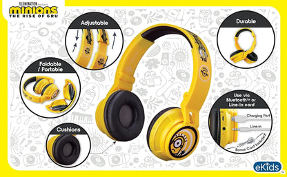 Minions Kids Bluetooth Wireless Headphones with Microphone, Includes Aux Cord, Volume Reduced, Foldable, Yellow, over Ear, Unisex, 3.5Mm Jack, 18H Playtime, 1 Year Warranty - Vibe Tribe