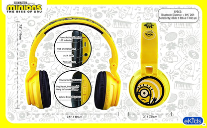 Minions Kids Bluetooth Wireless Headphones with Microphone, Includes Aux Cord, Volume Reduced, Foldable, Yellow, over Ear, Unisex, 3.5Mm Jack, 18H Playtime, 1 Year Warranty - Vibe Tribe