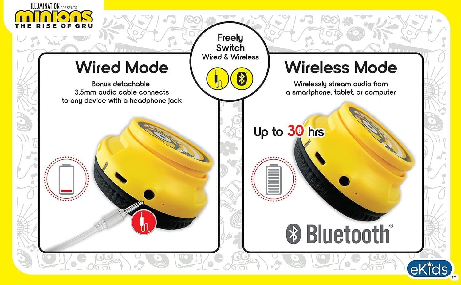 Minions Kids Bluetooth Wireless Headphones with Microphone, Includes Aux Cord, Volume Reduced, Foldable, Yellow, over Ear, Unisex, 3.5Mm Jack, 18H Playtime, 1 Year Warranty - Vibe Tribe