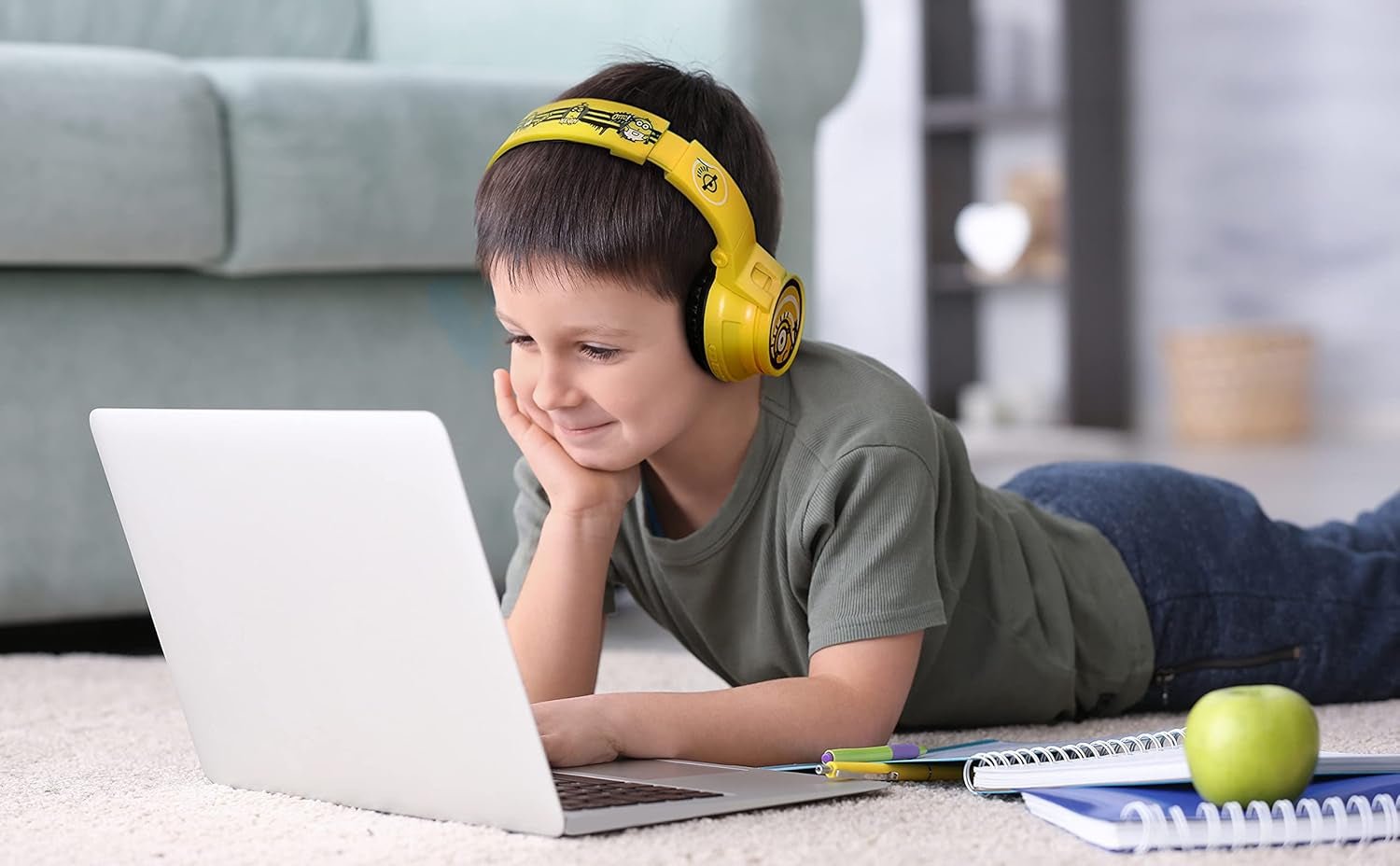 Minions Kids Bluetooth Wireless Headphones with Microphone, Includes Aux Cord, Volume Reduced, Foldable, Yellow, over Ear, Unisex, 3.5Mm Jack, 18H Playtime, 1 Year Warranty - Vibe Tribe