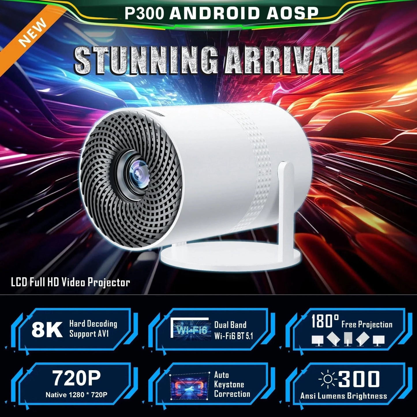 Salange P300 Mini Portable Projector - 4K 8K Video Decoding, 720P HD, Android 11, Wi - Fi, BT 5.1 - Vibe Tribe