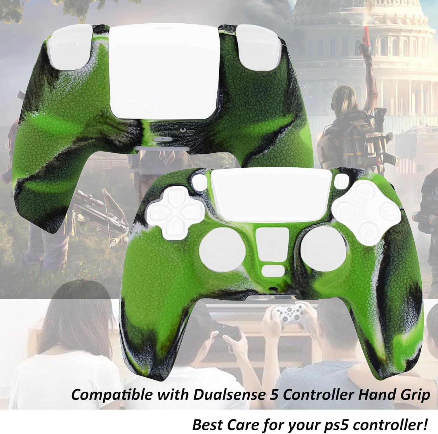 Skin for PS5 Controller Grips, Texture Pattern Cover for PS5 5 Controller Sweat - Proof Anti - Slip Silicone Cover Hand Grip with 8Pcs FPS Pro Thumbsticks Cap Protector(Camouflage Green) - Vibe Tribe