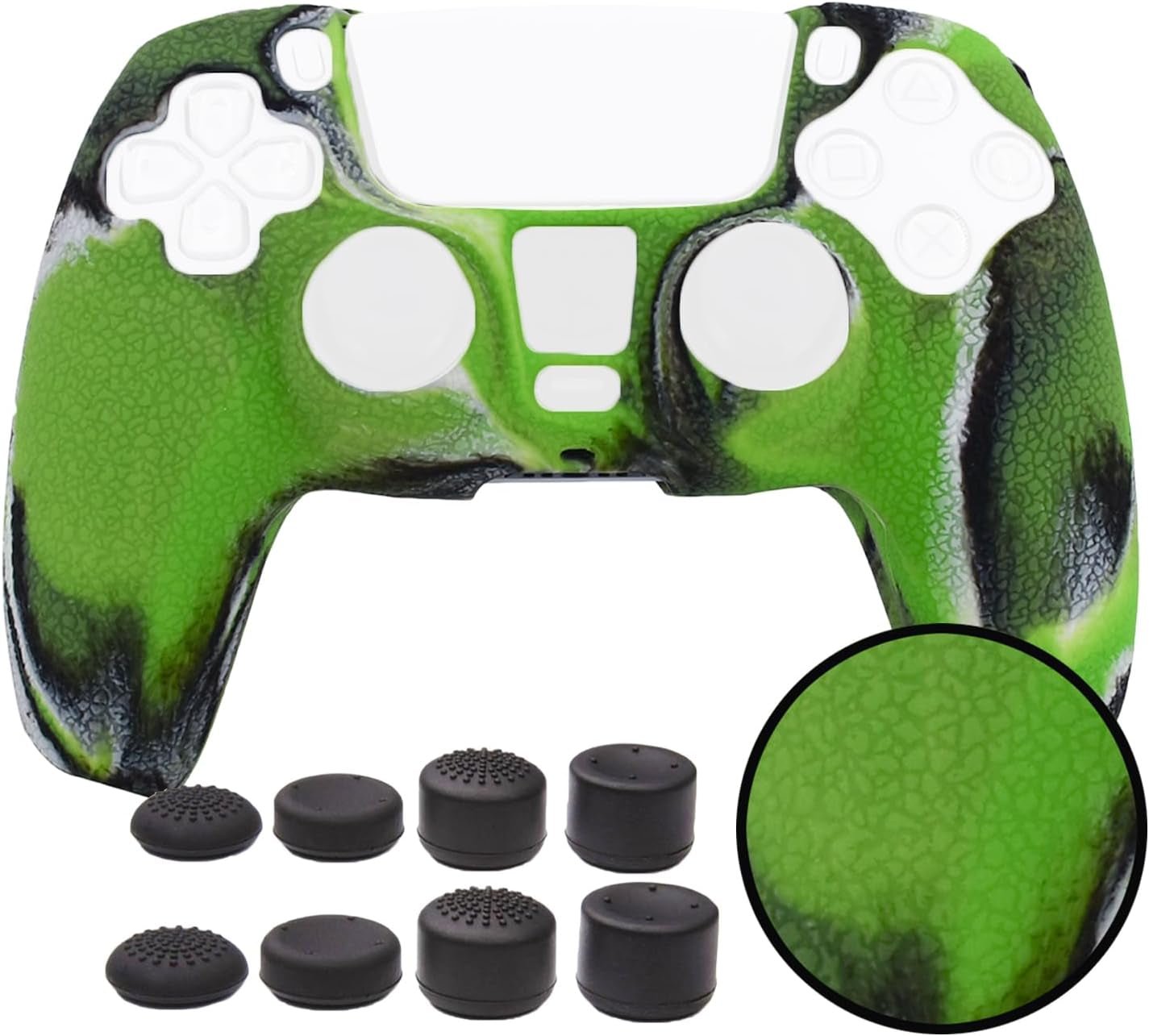 Skin for PS5 Controller Grips, Texture Pattern Cover for PS5 5 Controller Sweat - Proof Anti - Slip Silicone Cover Hand Grip with 8Pcs FPS Pro Thumbsticks Cap Protector(Camouflage Green) - Vibe Tribe